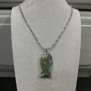 Moss Agate Fish Necklace Natural Gemstone Crystal Fish Pendant Stainless-Steel
